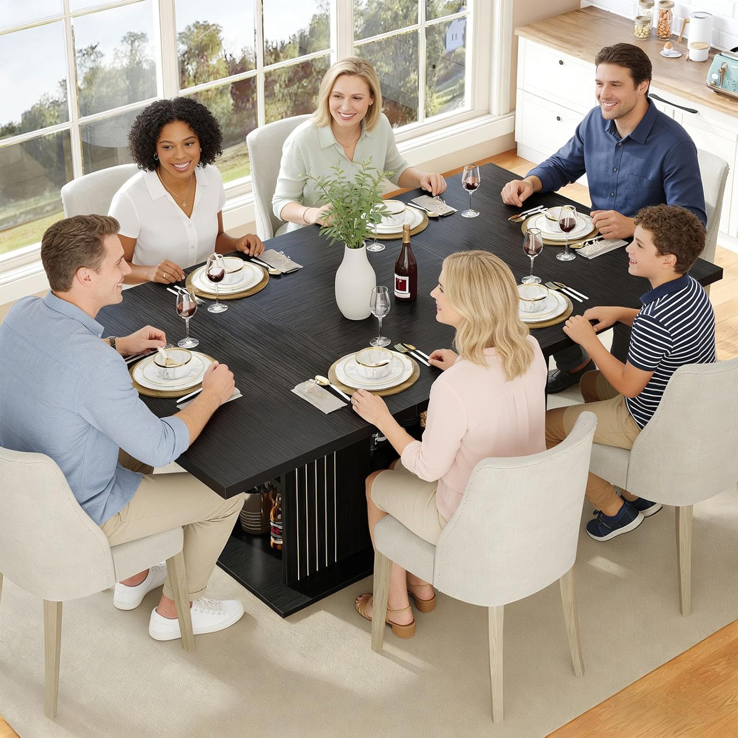 LVB Black Dining Table for 6, 71" Rectangle Modern Oak Dinner Table with Storage, Large Wood Dining Room Table with Sturdy Base, Elegant Wooden Kitchen Table for Gathering, Apartment