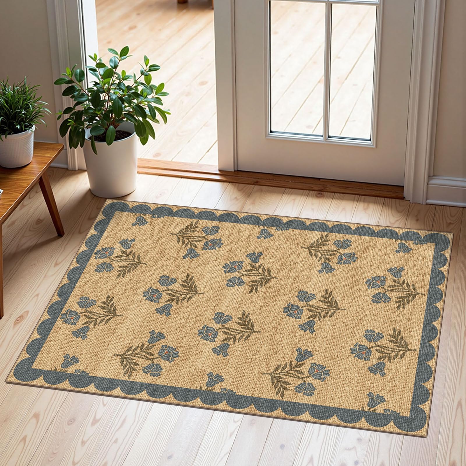 Photo 1 of Othilic Front Door Mat Outside Entrance - 2x3 Floral Non-Slip Washable Doormat Indoor Outdoor Mat Jute-Look Farmhouse Blue Scalloped Entry Rug Small Throw Rugs for Entryway Kitchen Front Porch Decor