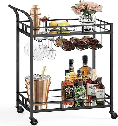 VASAGLE Carrito de Bar Negro, Carrito de Servicio para Bar en Casa, Carrito de Vino con 2 Estantes Espejados, Soportes para Vino, Soportes para
