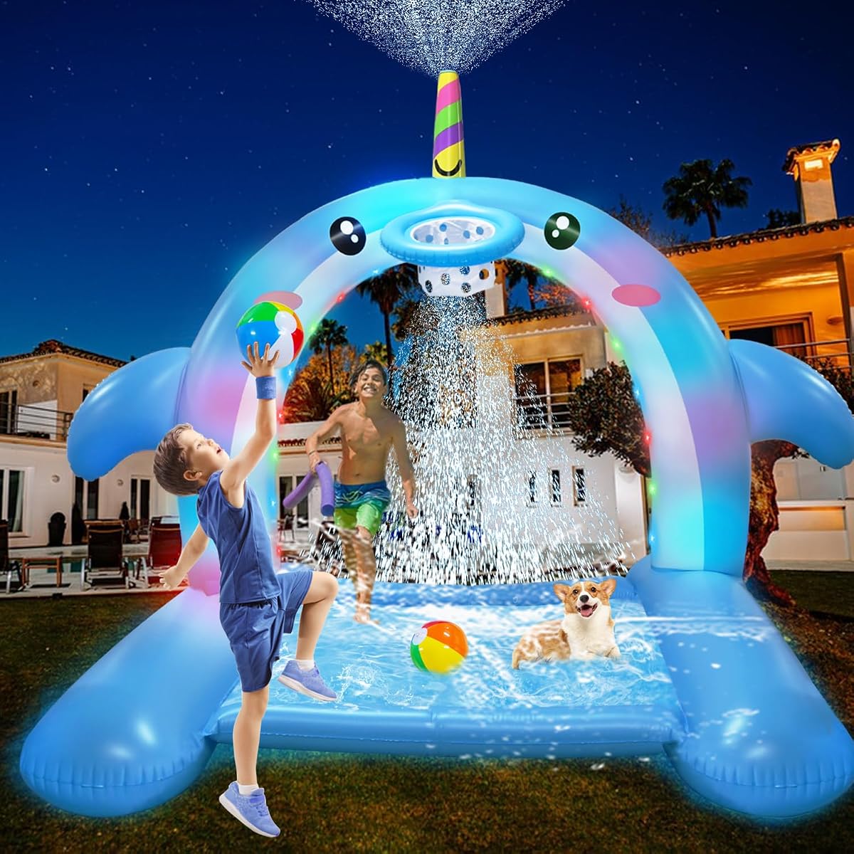 Juguetes acuáticos inflables con aspersor de ballena de 8.7 pies con arco de aro de baloncesto, almohadilla grande 3 en 1 para niños y perros, 16 luces LED, juguetes de tapete engrosados ​​para patio trasero y jardín al aire libre, diversión de verano