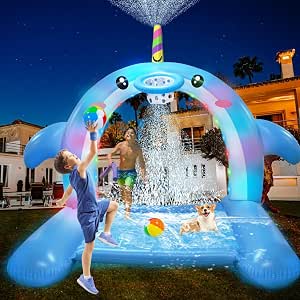 8.7FT Inflatable Whale Sprinkler Water Toy with Basketball Hoop and LED Lights