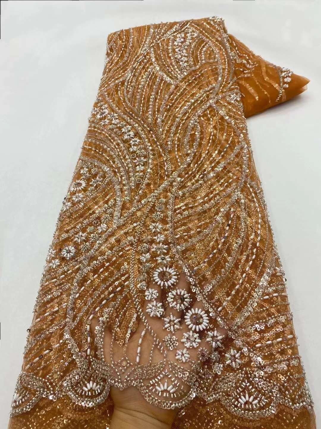 Heavy Beaded Lace Fabric with Beads Rice Pearls Tulle Net Sequins，African Lace Fabric Clothing Premuim Textile,5Yards Cutting for Sewing Woman Apparel Wedding Bridal Party Dress(Burnt Orange)