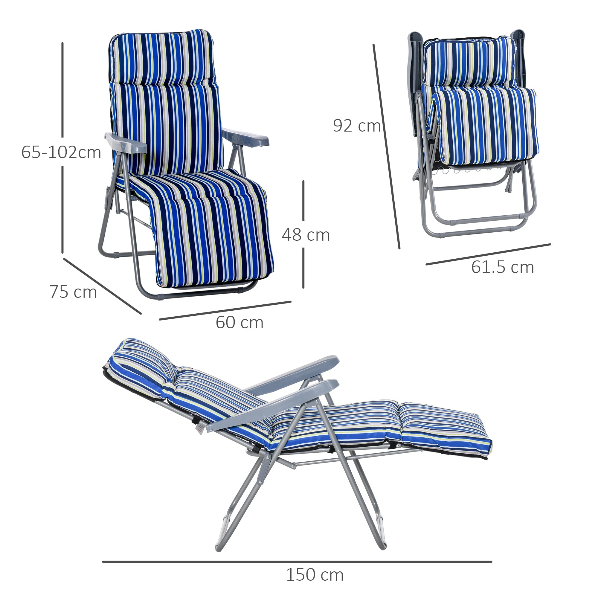 Outsunny Leżak 2 szt. składany z poduszką Niebieski 60x75x65-102 cm