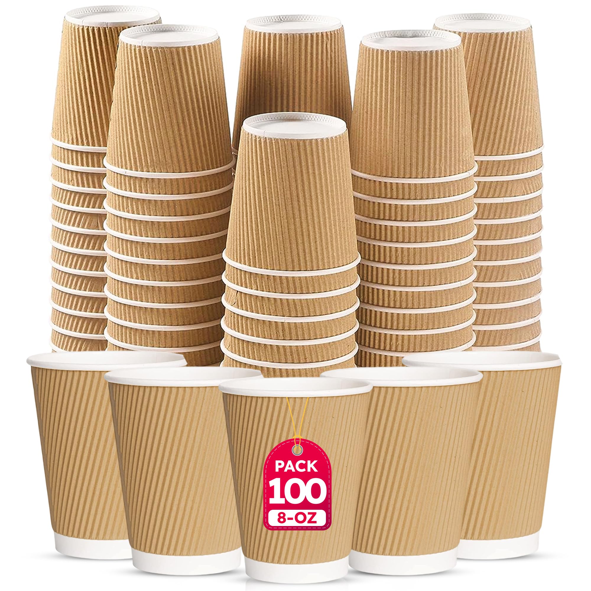 CHEF ROYALE 100x 8oz Disposable Coffee Cups with Lids - Takeaway Paper Cups for Hot & Cold Drinks - Kraft Triple Walled Ripple Cups for Home & Outdoors - Ideal for Events (with Lids)