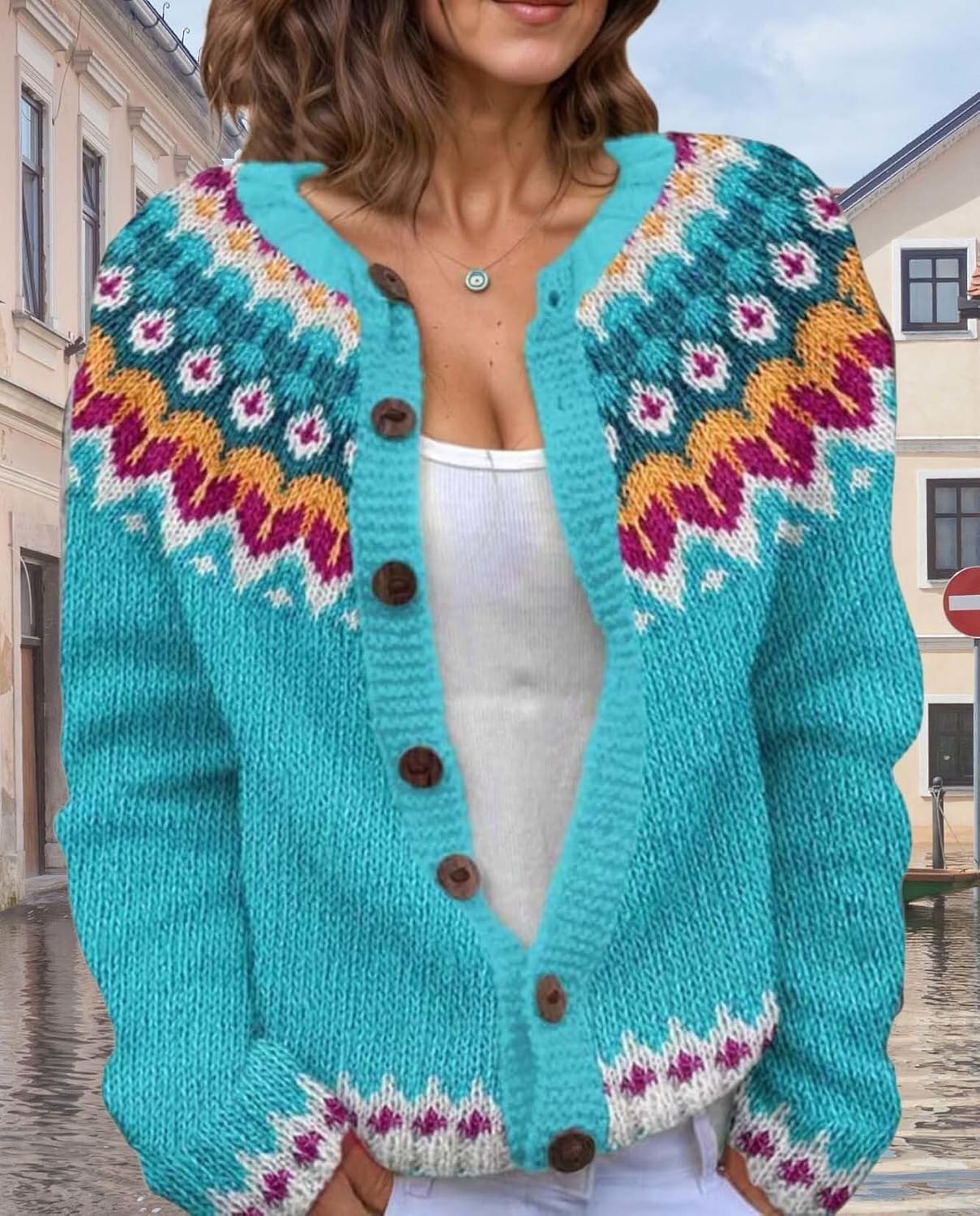 Women's Fair Isle Pattern Knit Cardigan Sweater Vintage Button Down Open Front Jacket Coat for Fall & Winter 2025 - Image 6
