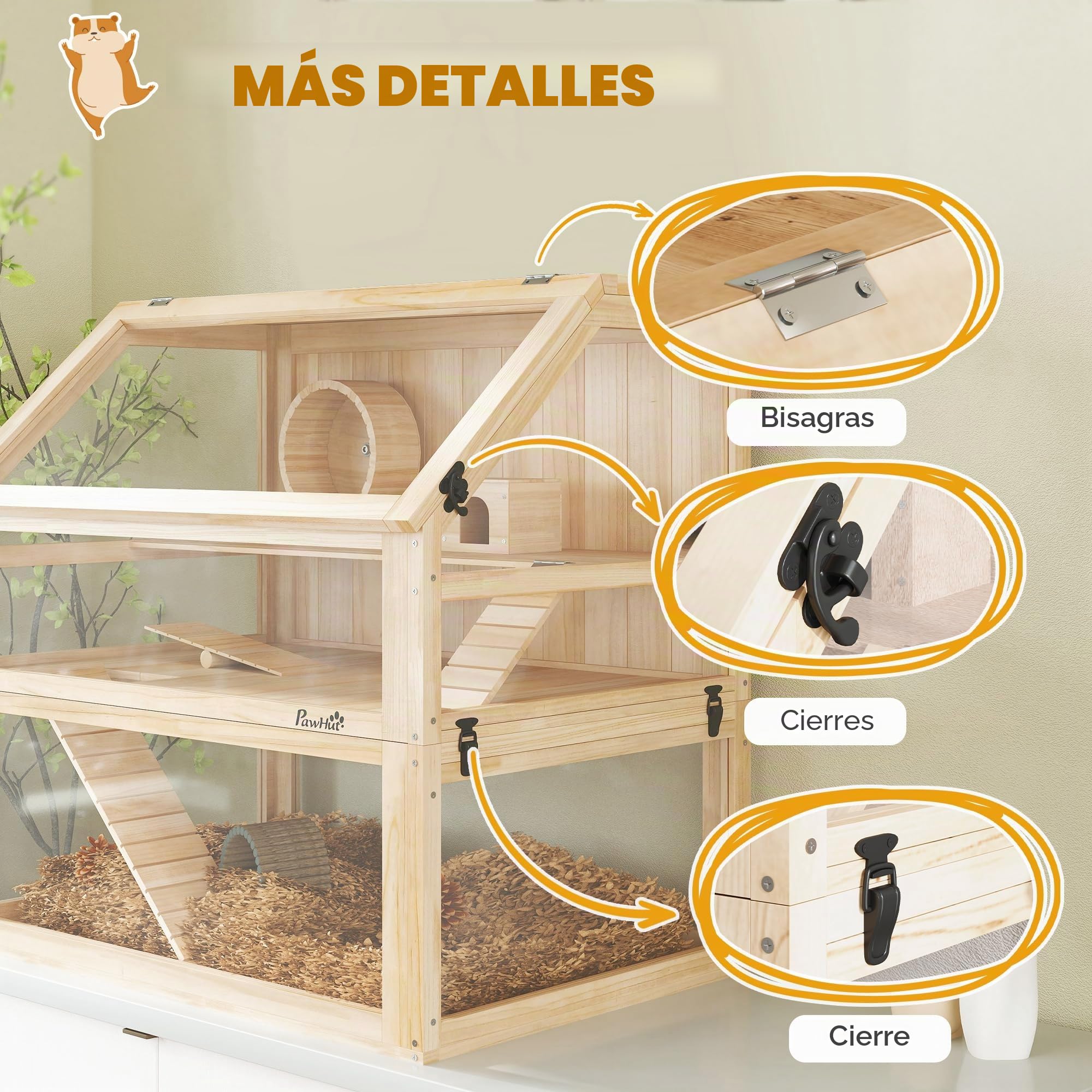 PawHut Jaula de madera para hámster de 3 niveles, jaula para roedores y animales pequeños, con tapa plegable, rueda y accesorios, jaula de madera para hámsters enanos, 80 x 50 x 76 cm, madera natural | Jaula para roedores, para hámsters enanos