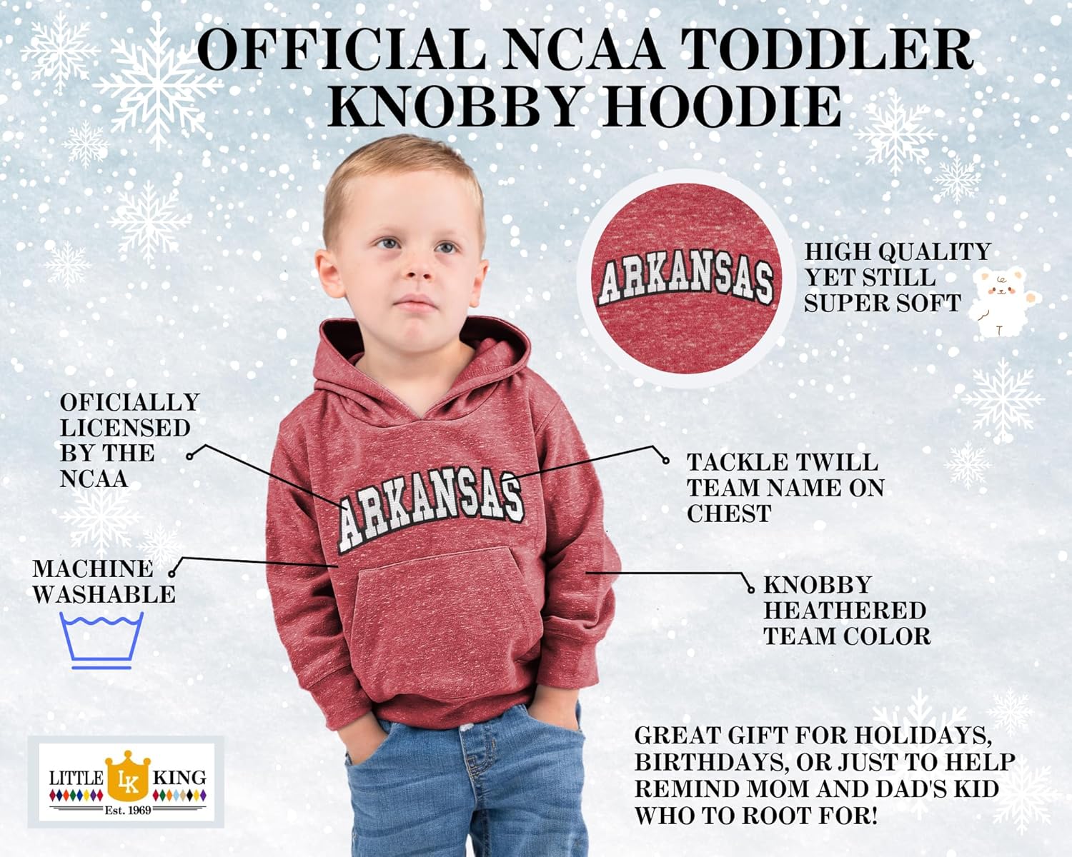 Little King NCAA Toddler Boys and Girls Knobby Hoodie Sweatshirt with Tackle Twill Letters-Sizes 2T 3T 4T 5T - Image 2