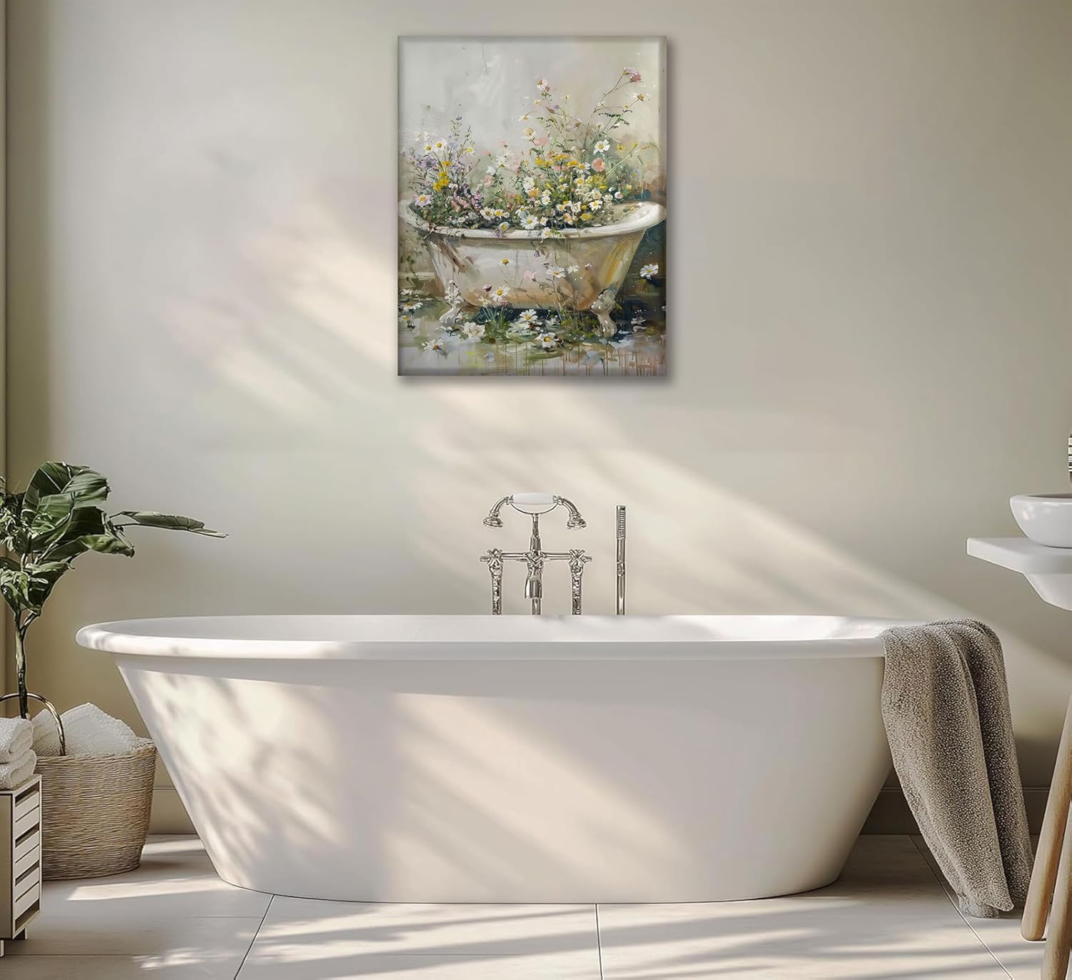 Floral Bathroom Canvas Wall Art Wildflower Aesthetic Poster Rustic Farmhouse Botanical Bathtub Wall Decor Funny Toilet Picture Moody Wildflowers Canvas Painting for Bathroom Bedroom Framed