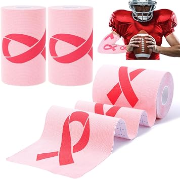 32ft 2 Roll 4 Inch Wide Breast Cancer Awareness Football Turf Tape Ultra Sticky Football Turf Tape Pink Ribbon 32 Feet Long Waterproof Sweat Proof Breathable Athletic Tape Light pink