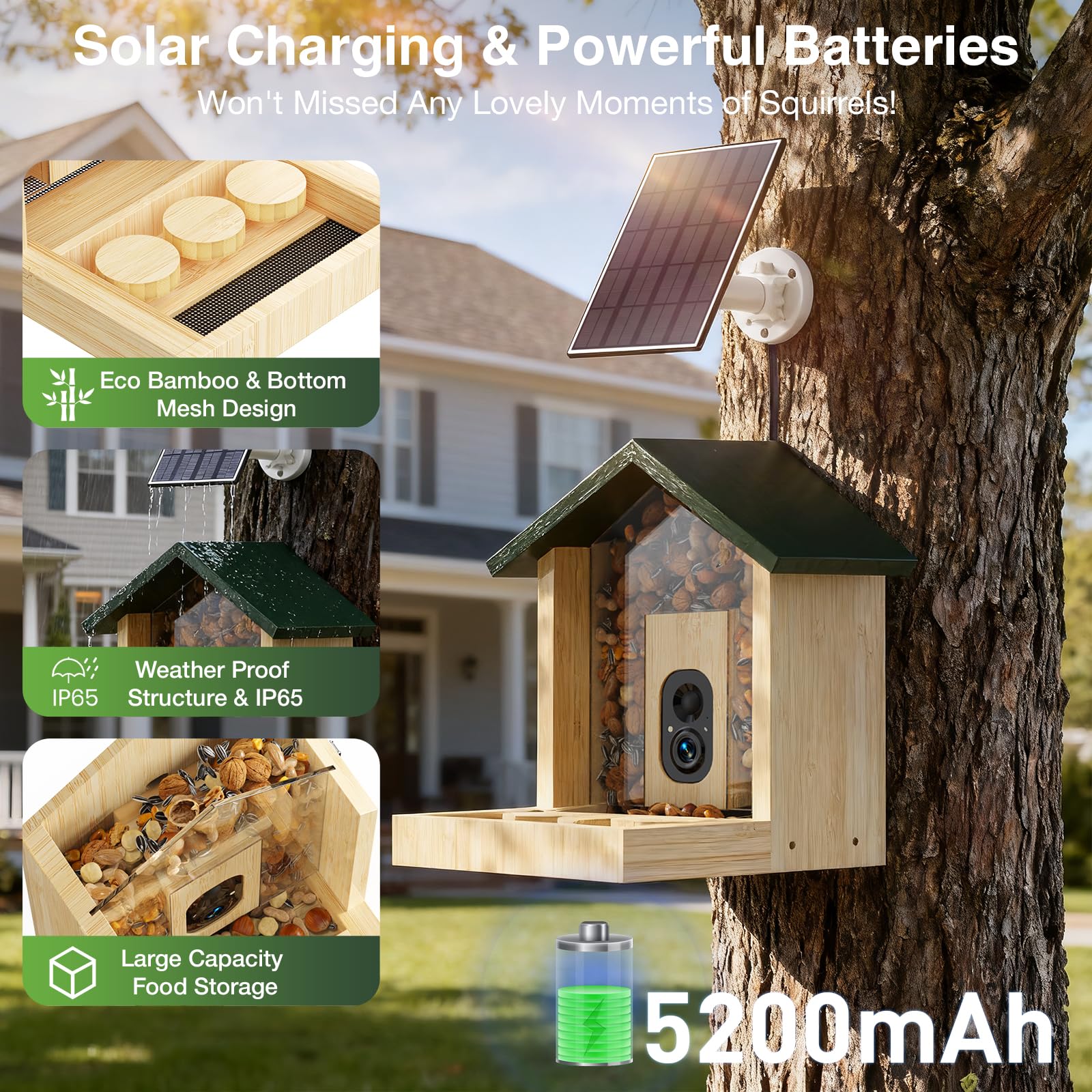 Mangiatoia per scoiattoli in legno con fotocamera, ad energia solare, video 2K HD+ | Cloud Storage, grande capacità, ideale per gli amanti degli scoiattoli