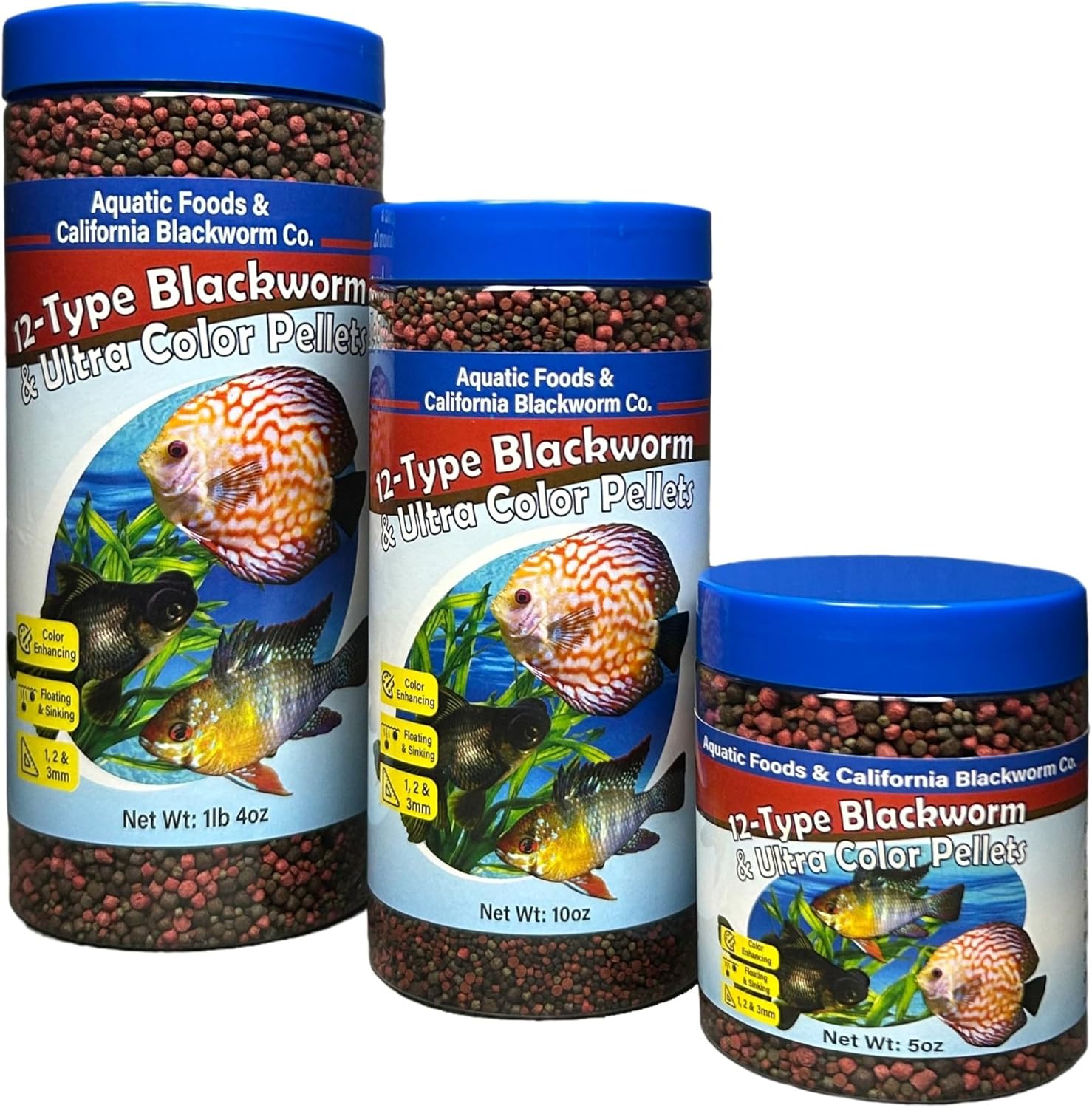 Aquatic Foods Inc. 12-Type Floating & Sinking California Blackworm & Coloring Pellets of 1mm, 2mm, 3mm Size for All Tropical Fish, Koi and Pond Fish, 4-Type Wafer Mix Included...1-lb 4oz Canister