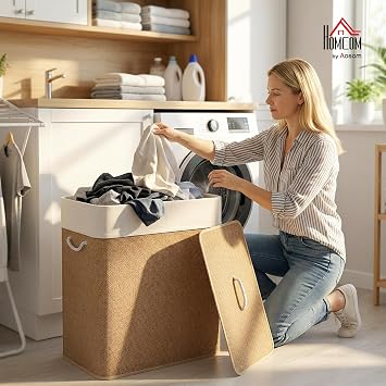HOMCOM 100L Laundry Basket with Lid 2 Section Laundry Hamper Brown
