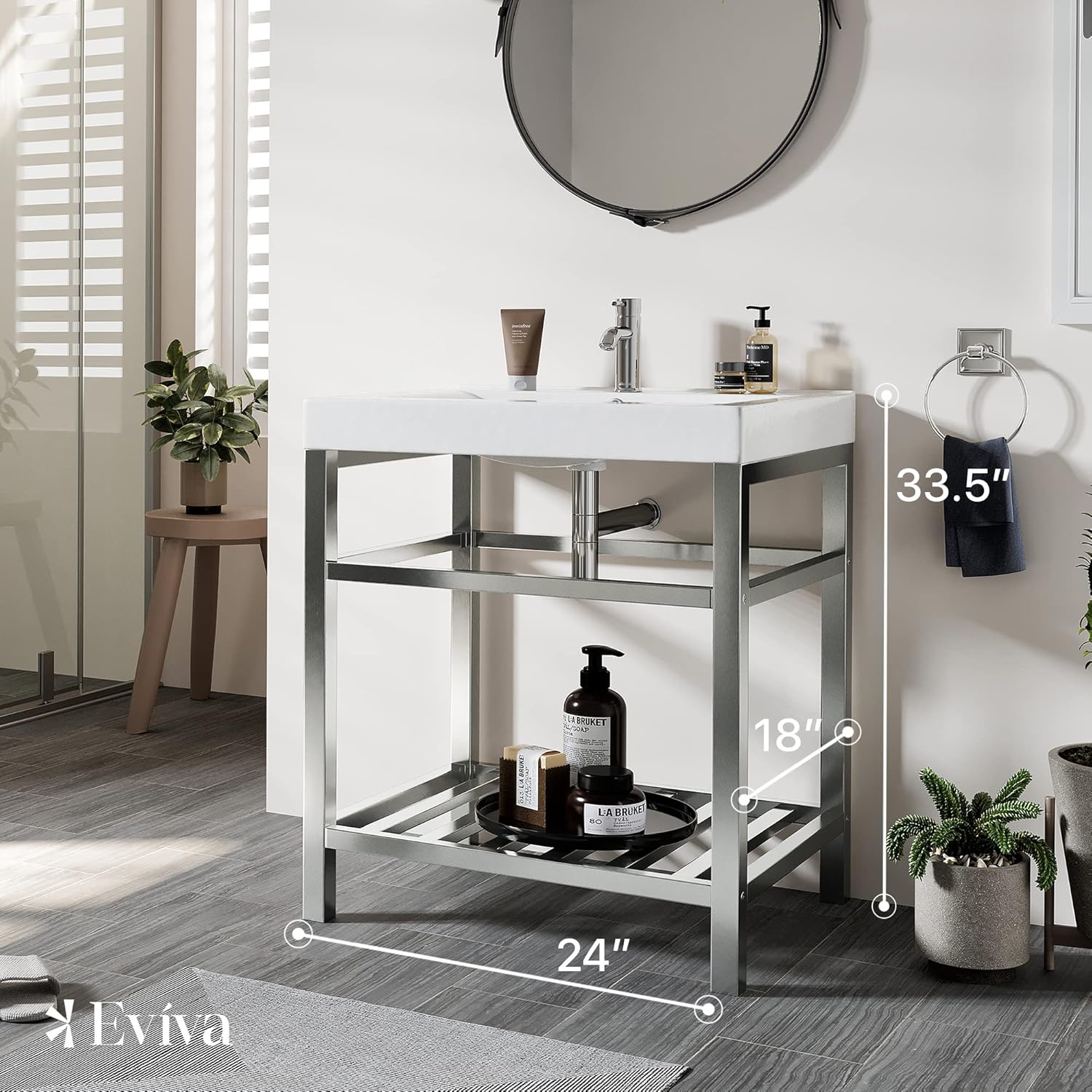 Eviva Stone Stainless Steel Bath Vanity with Sink 24 Inch - Porcelain Single Vanity - Open Space Modern Bathroom Vanity Storage - Small Vanities Sinks Combo - Minimalist 24 Inch Vanity with Sink