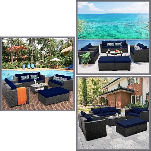 Miniatura 8 de Paquete de 16 fundas de repuesto para cojines de asiento para exteriores, 7 piezas, 9 plazas, muebles de mimbre de mimbre, juego de conversación