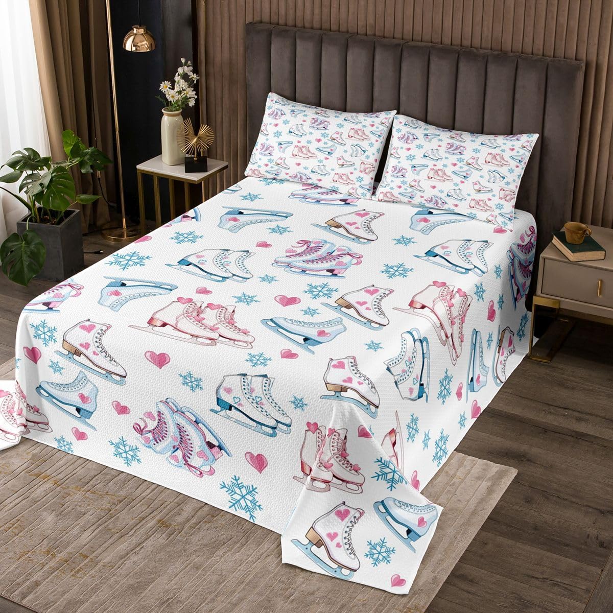 jejeloiu Ice Skating Bedspread 2 Pieces Twin Size Cartoon Snowflake Dreamy Coverlet Set Soft Cozy Ice Skates Figure Skating Romantic Sports Quilted Coverlet for All Season with 1 Pillowcase