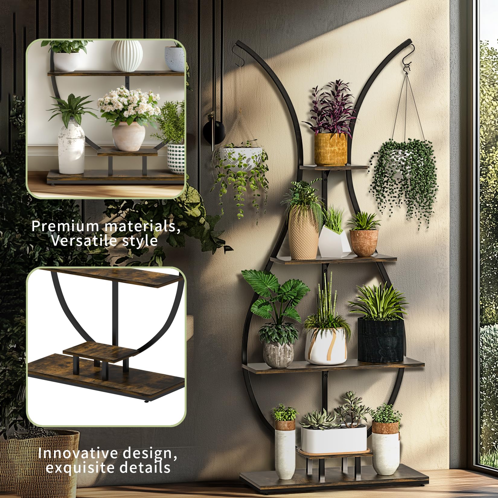 unho Support de Plantes d’intérieur Designe: 74x30x181cm Étagère Plante en Métal Porte Fleur pour Salon Balcon Présentation avec Dispositif Anti-Renversement - Brun Rustique et Noir
