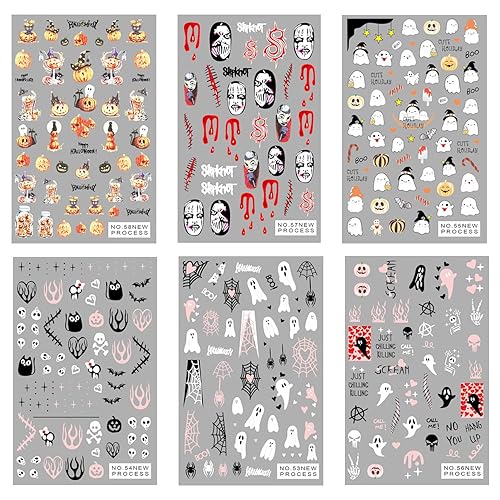 Miniatura 2 de Calcomanías de arte de uñas de Halloween, autoadhesivas, suministros de arte de uñas 3D, 6 hojas de telaraña, fantasma, calabaza, terror, decoración