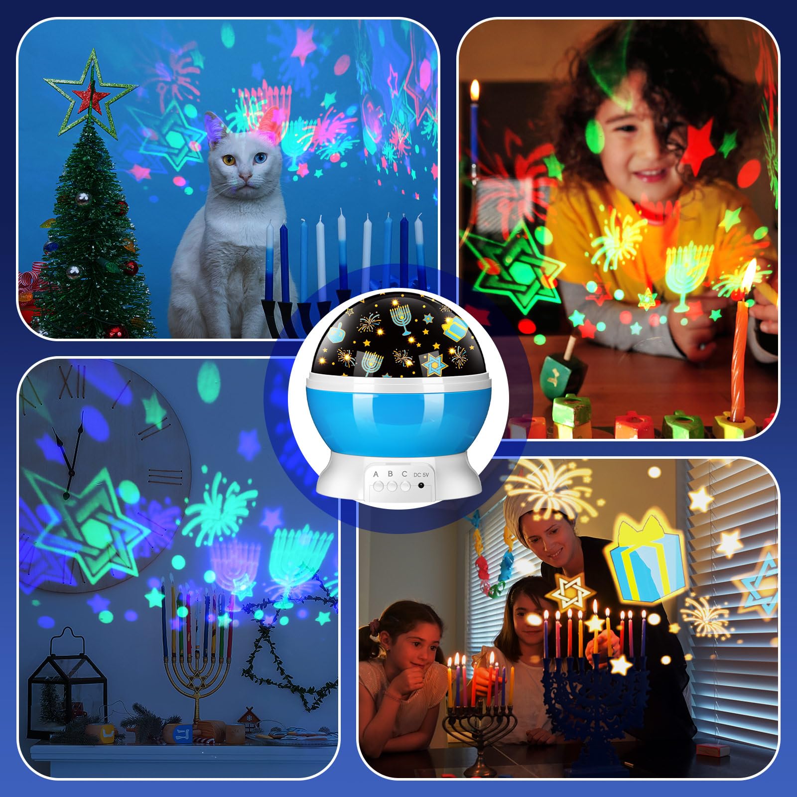 Rossesay Proiettore di luci per interni, luce a LED decorativa per esterni, per feste, vacanze, giardino, paesaggio (Hanukkah, blu)