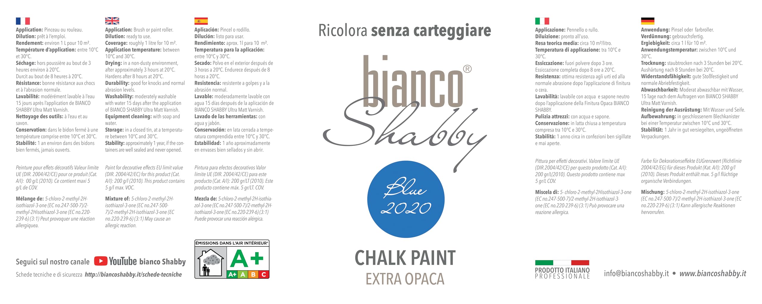 bianco Shabby® Blue 2020 farba kredowa na bazie wody, do wszystkich powierzchni, łatwa w obróbce, bez nieprzyjemnego zapachu, farba kredowa, ekstra matowa (2,5 litra)