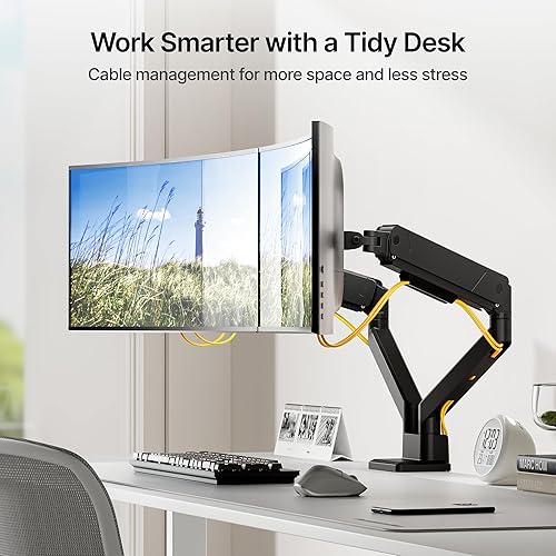 Miniatura 8 de monTEK Brazos de monitor de montaje de monitor dual para 2 monitores para pantalla curva de 17 a 35 pulgadas con capacidad para 35 libras, ajustable