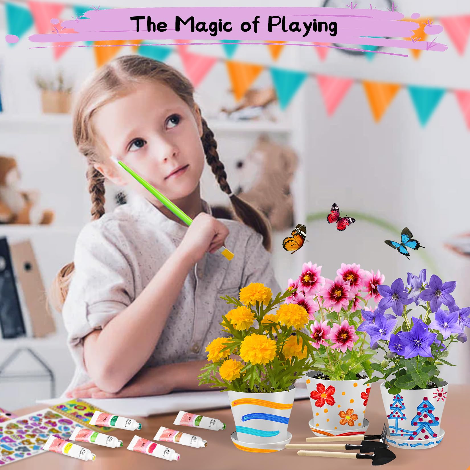 Kit di Giardinaggio per Bambini Pittura e Piantagione Giocattolo Fiori per Ragazze e Ragazzi, Regalo Vasi per Fiori Artigianato Set Coltivare e Piantare per Bambini di 4 5 6 7 8 9 10 11 12 13 14 Anni