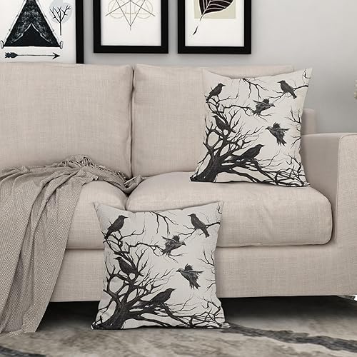 Miniatura 8 de Tree Crows - Juego de 2 fundas de almohada de Halloween de 16 x 16 pulgadas, fundas de almohada decorativas de otoño, fundas de almohada negras y