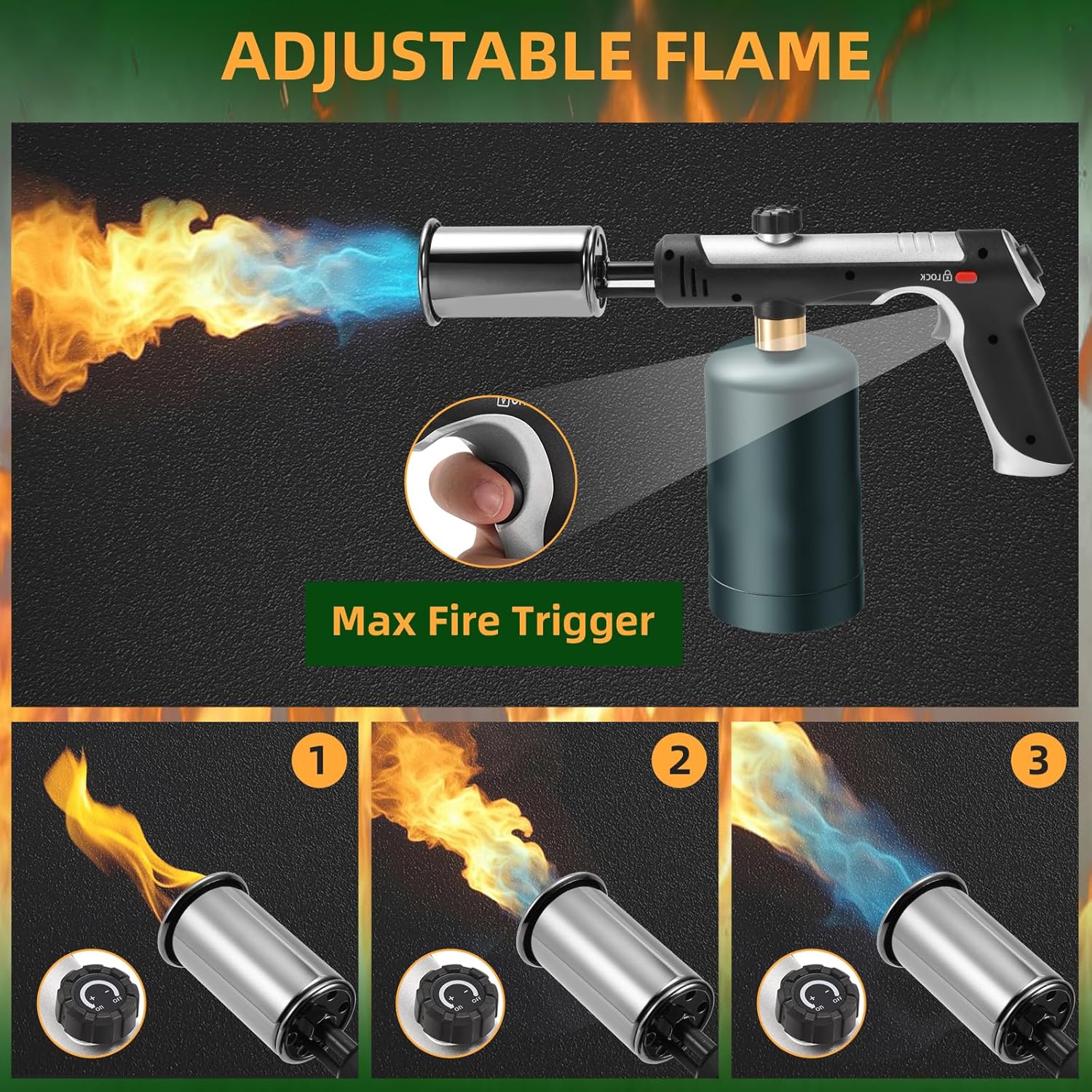 Powerful Propane Torch with One-Touch Max Fire, Adjustable Kitchen Torch with Safety Lock, Flamethrower, Blow Torch Gun for Grill, BBQ, Sous Vide, Campfire Starter (Tank Not Included)