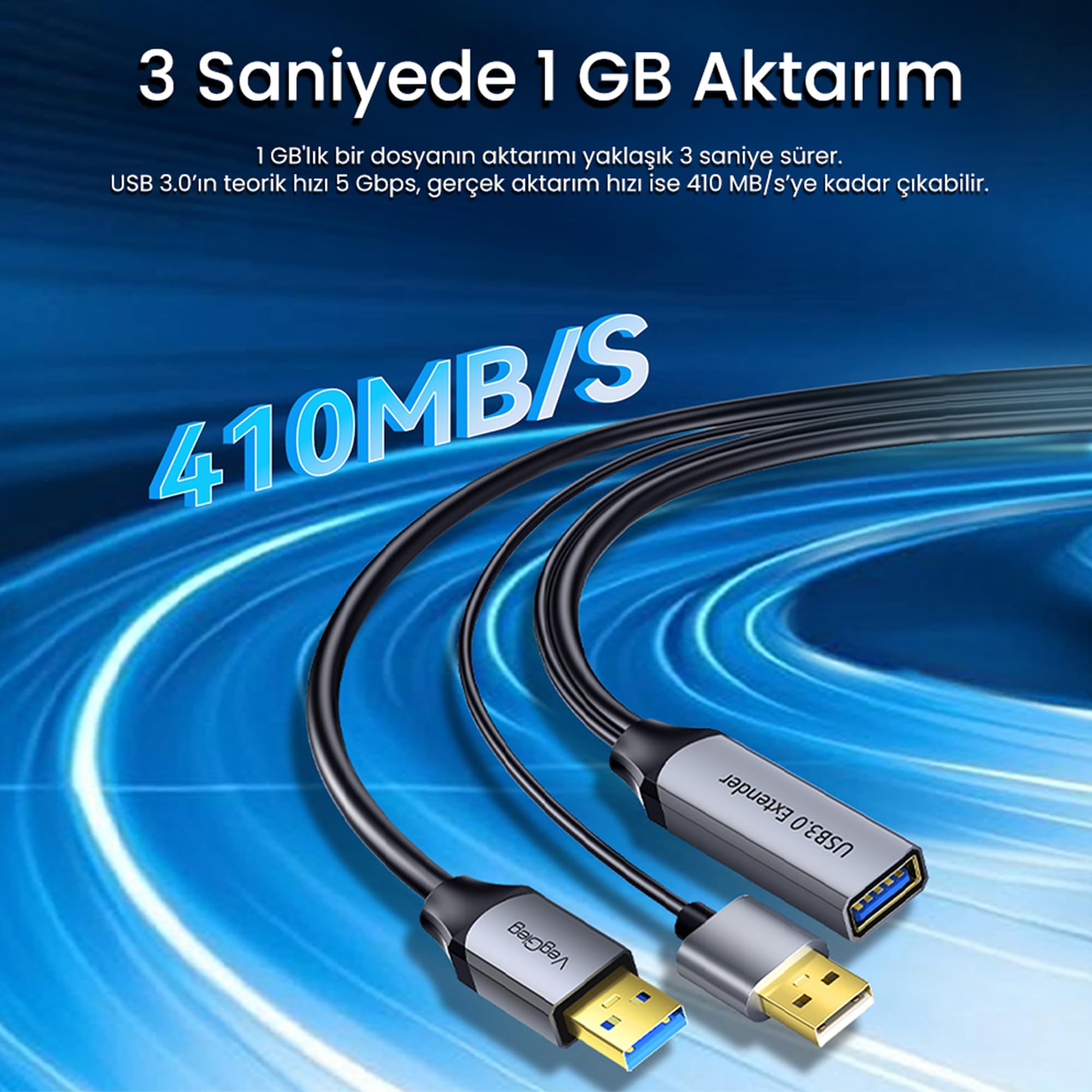 Veggieg USB 3.0 Uzatma Kablosu Sinyal Güçlendirici Extender Destekli USB-A Uzatıcı Kablo 10 Metre