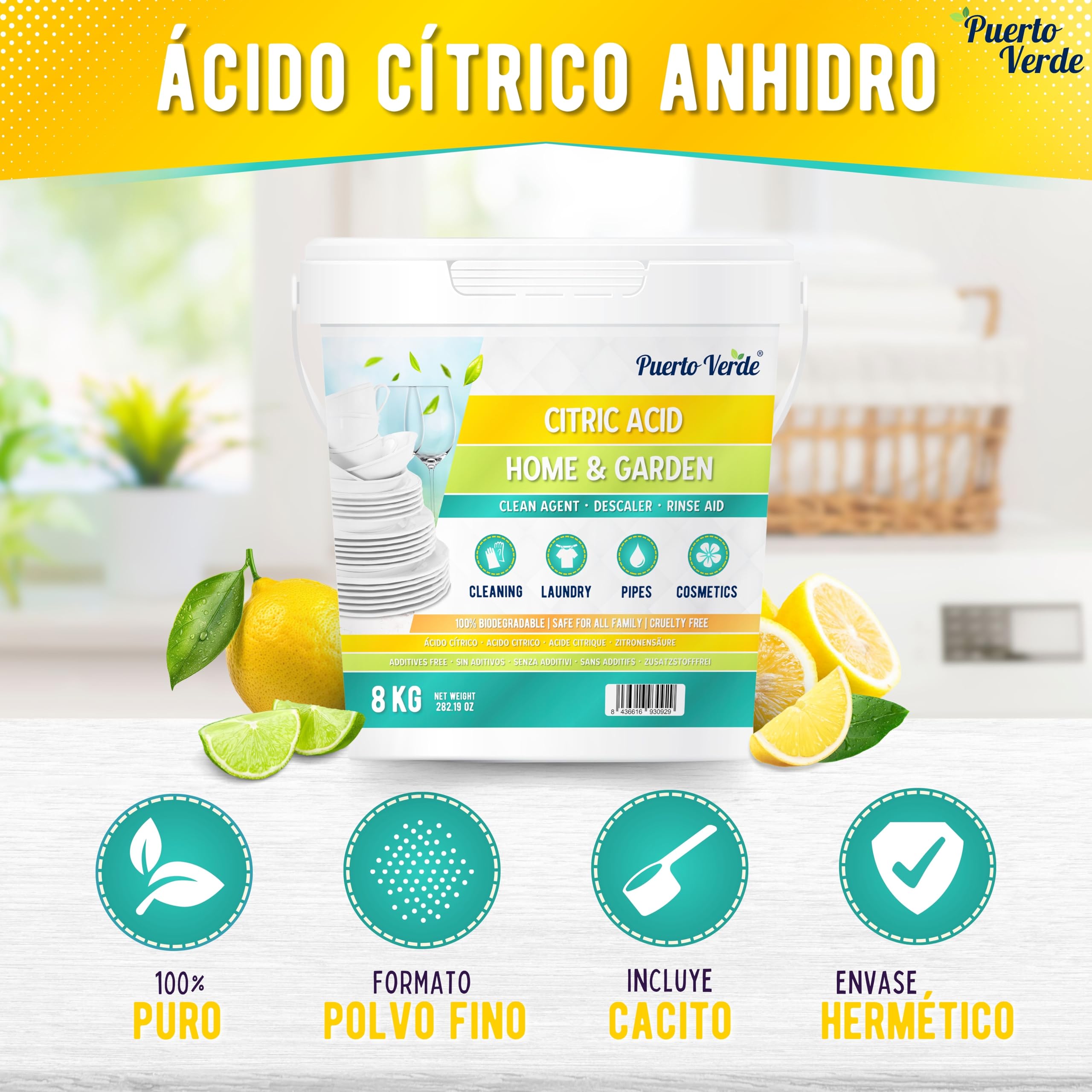 Ácido Cítrico Anhidro 2x8 Kg. Limpieza Natural del Hogar. | Ácido Cítrico Polvo Apto para Lavadora y Lavavajillas. Desatascador, Abrillantador, Cosmética Casera. Producción Española.