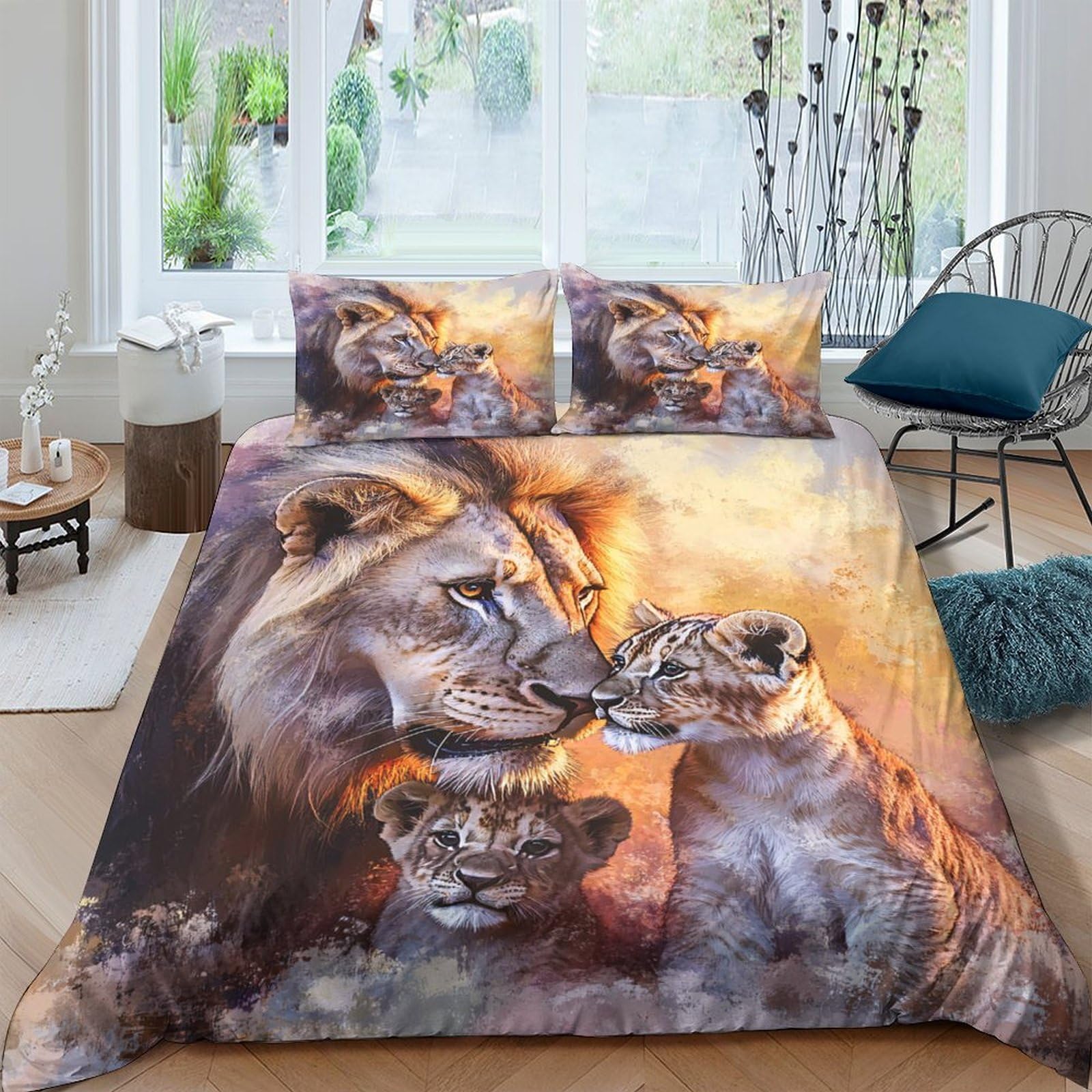 Ctjqhvkz Style-2 3D Printed Lion Family Fitted Sheet Microfiber Soft Animal Pattern Mattress Cover For Bedroom Dorm Apartment Bed Decor Single（135X200cm）