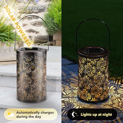 Miniatura 3 de Paquete de 2 faroles solares colgantes para exteriores, crisantemo dinámico 3D, linterna decorativa de metal ahuecada, luz LED impermeable para