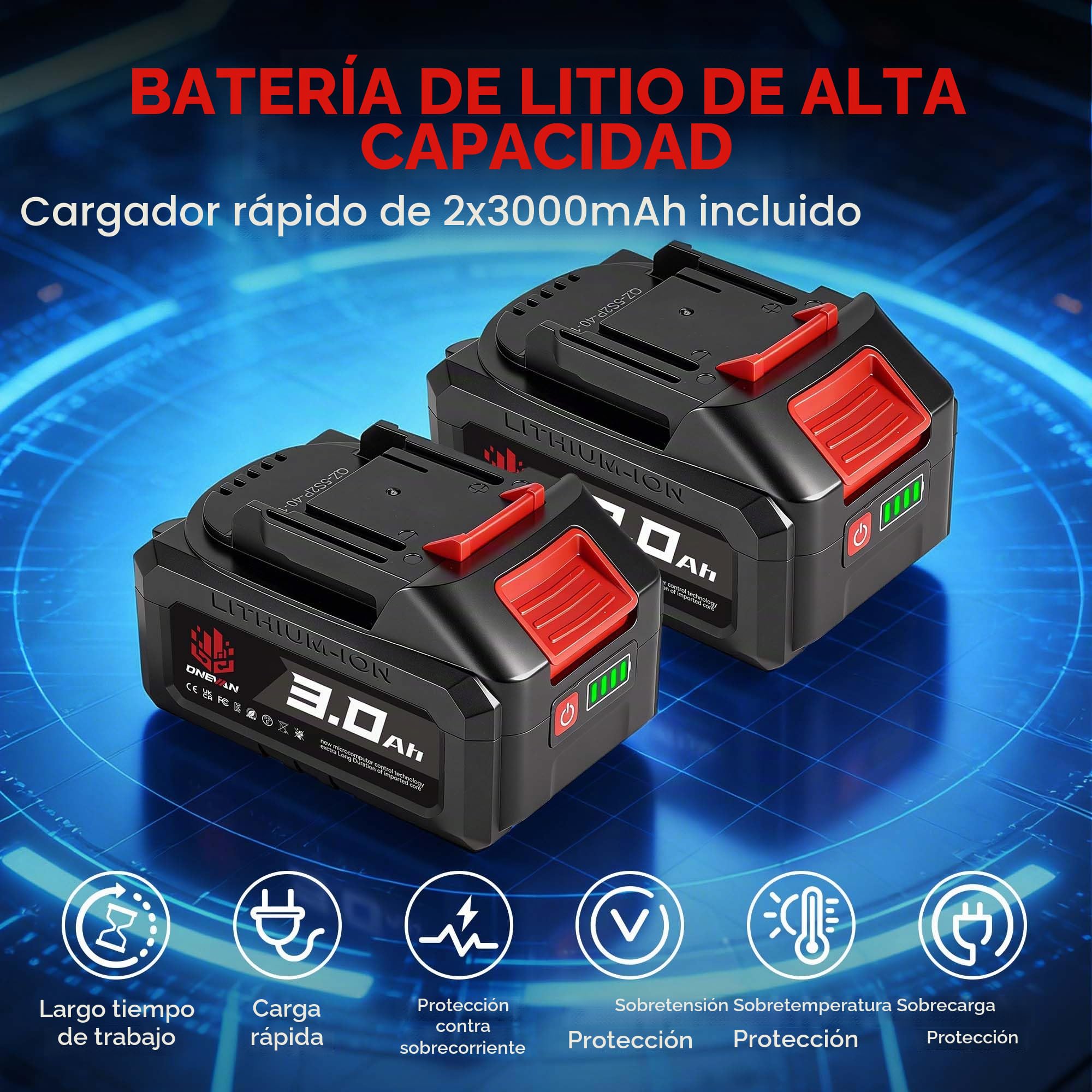 ONEVAN Motosierra inalámbrica, 8 y 10 pulgadas, lubricación automática | Con 2x 3.0Ah baterías, diámetro de corte 20 cm, velocidad de corte 10m/s, sustitución de la espada sin herramientas