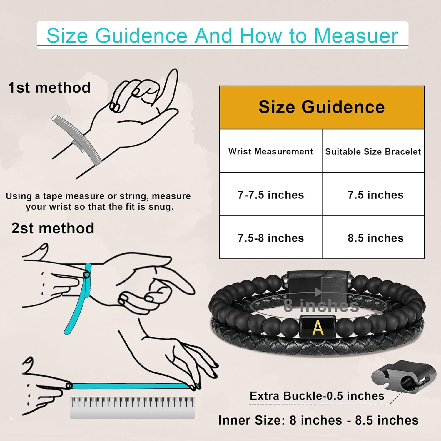 FOCOOG Leather Bracelets for Mens Gifts - Premium Genuine Leather Natural Lava Rock Matte Agate Adjustable Stainless Steel Magnetic Clasp Initial Bracelet, Unique Gifts for Men Husband Dad Son - Image 12