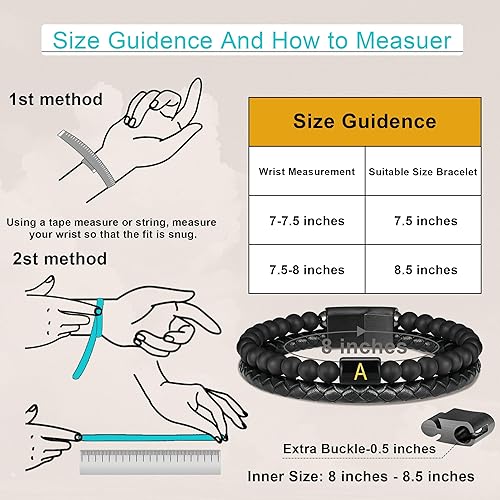 Miniatura 7 de Pulseras de cuero para hombre Cuero auténtico de primera calidad con piedra de lava natural mate ágata ajustable, acero inoxidable, cierre