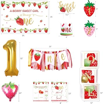 YSHMFEUX Strawberry 1st Birthday Decorations Party Supplies, Strawberry Sweet One Birthday Decor, Berry First Birthday Party Supplies, 1st Birthday g Girl Decoration