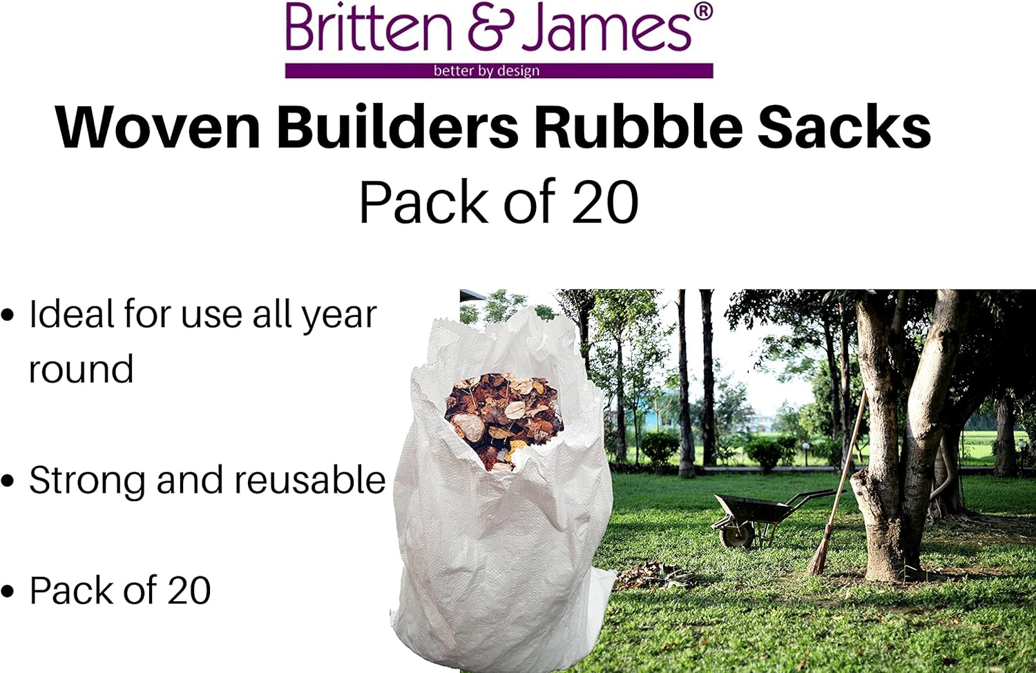 Britten and James Woven Builders Rubble Sacks (Pack of 20). Strong Builders Bags for DIY Building and Gardening. 80cm x 50cm - Image 4
