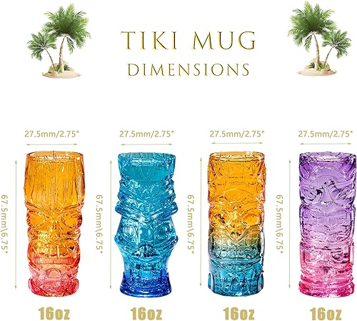 Miniatura 6 de Tiki - Juego de 4 vasos Tiki de colores para cóctel, cristalería tropical única de Tiki mezclada, perfectas para fiestas de isla de bar Tiki,