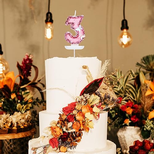 Vista 5 de Velas de números de cumpleaños de 2.95 pulgadas, velas de números rosa con purpurina para decoración de pastel, velas de cumpleaños de mariposa