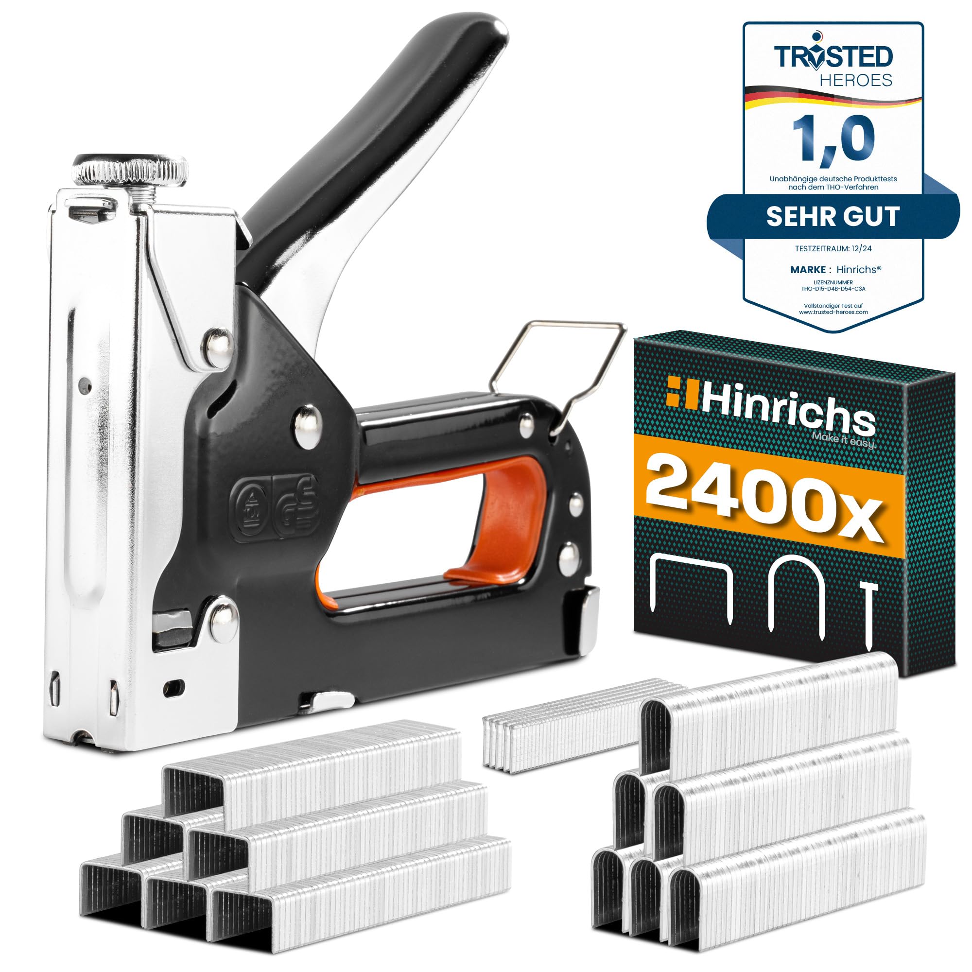 Hinrichs Handtacker Set - 3-in-1 Profi Tacker für Holz - Stofftacker Handwerker zum Fixieren - mit Klammern - Möbeltacker - Staple Gun - Holztacker mit 1600 Klammern & 800 Nägeln