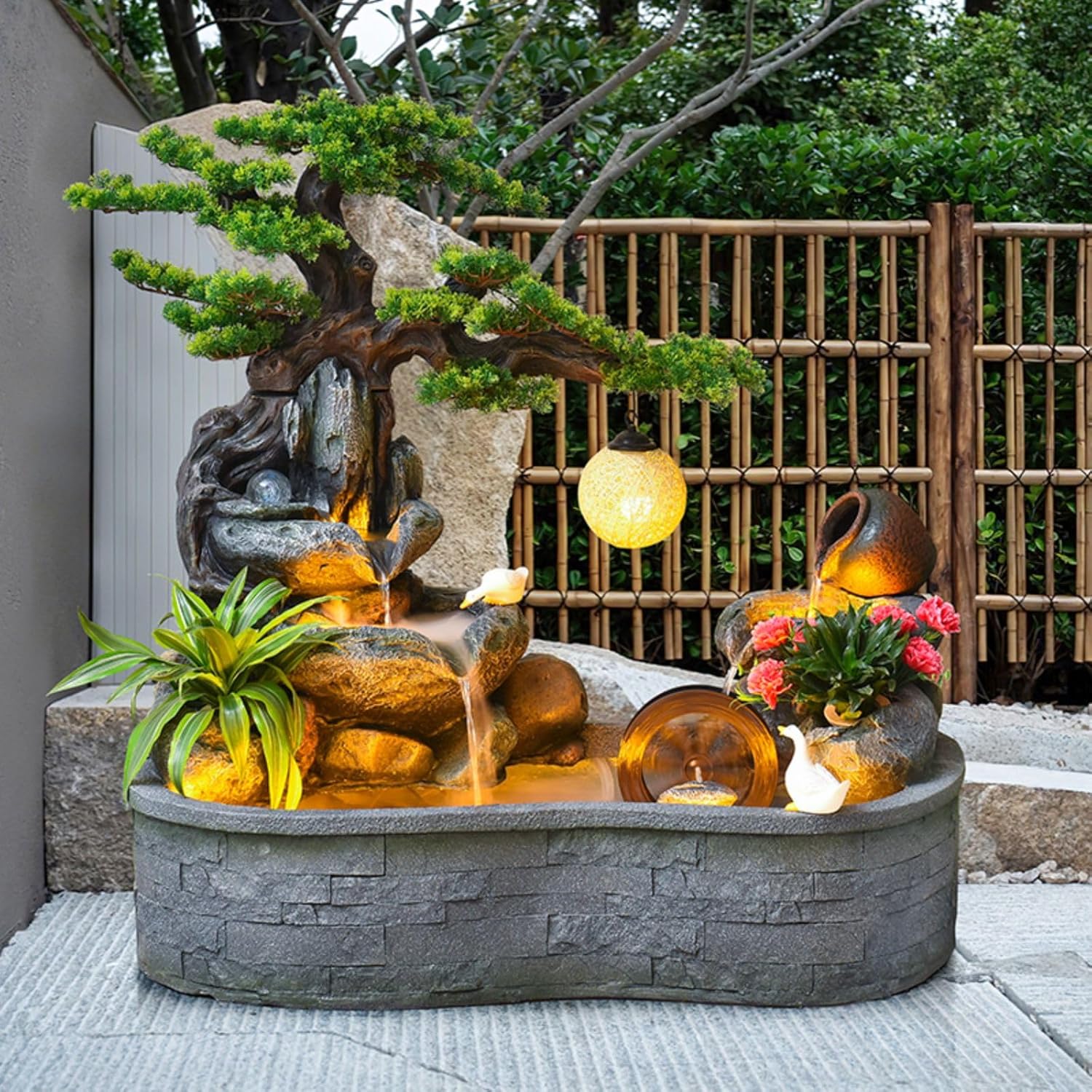 Resin Bonsai Water Fountain with Mist Light and Fish Pond | Indoor Outdoor Lightweight Garden Decor Housewarming Gift Garden,Entryway Decor (Large)(Large)