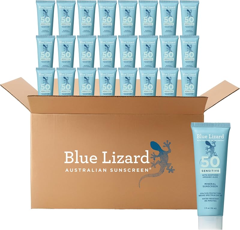 Blue Lizard Sensitive Mineral Sunscreen Lotion, SPF 50, 1 onza líquida, paquete de 24 | Tamaño de viaje, 100% activos minerales, protección uva/UVB, resistente al agua, vegano, para regalar o compartir, para piel sensible