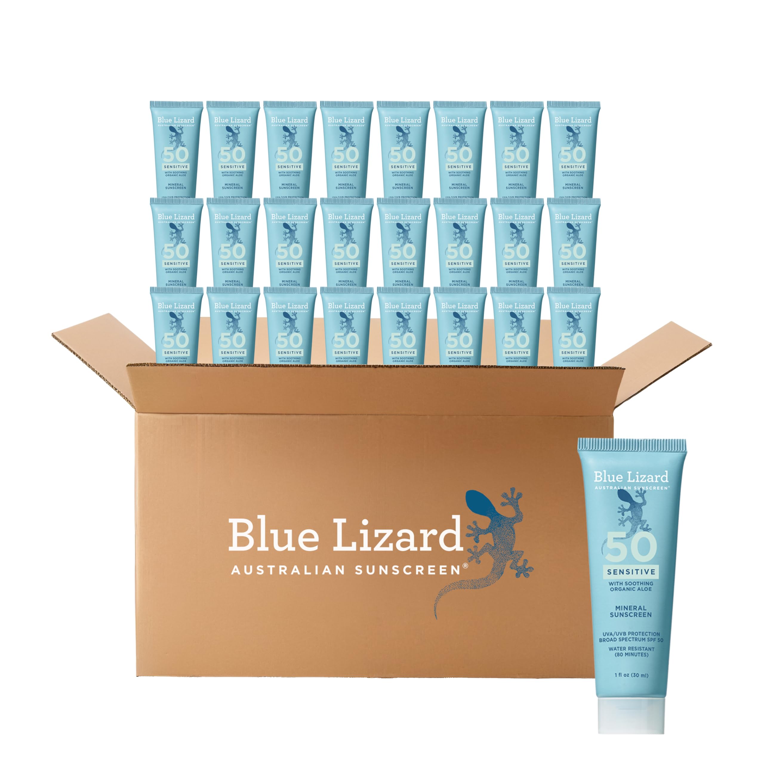 Blue Lizard Sensitive Mineral SPF 50 Sunscreen Lotion, 1 fl oz (Pack of 24) | Mineral Sunscreen for Sensitive Skin - main product image
