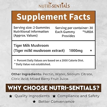 Tiger Milk Mushroom Gummies – High-Strength Dietary Supplement for Immune Support and General Wellness, 1000mg, 60 Count