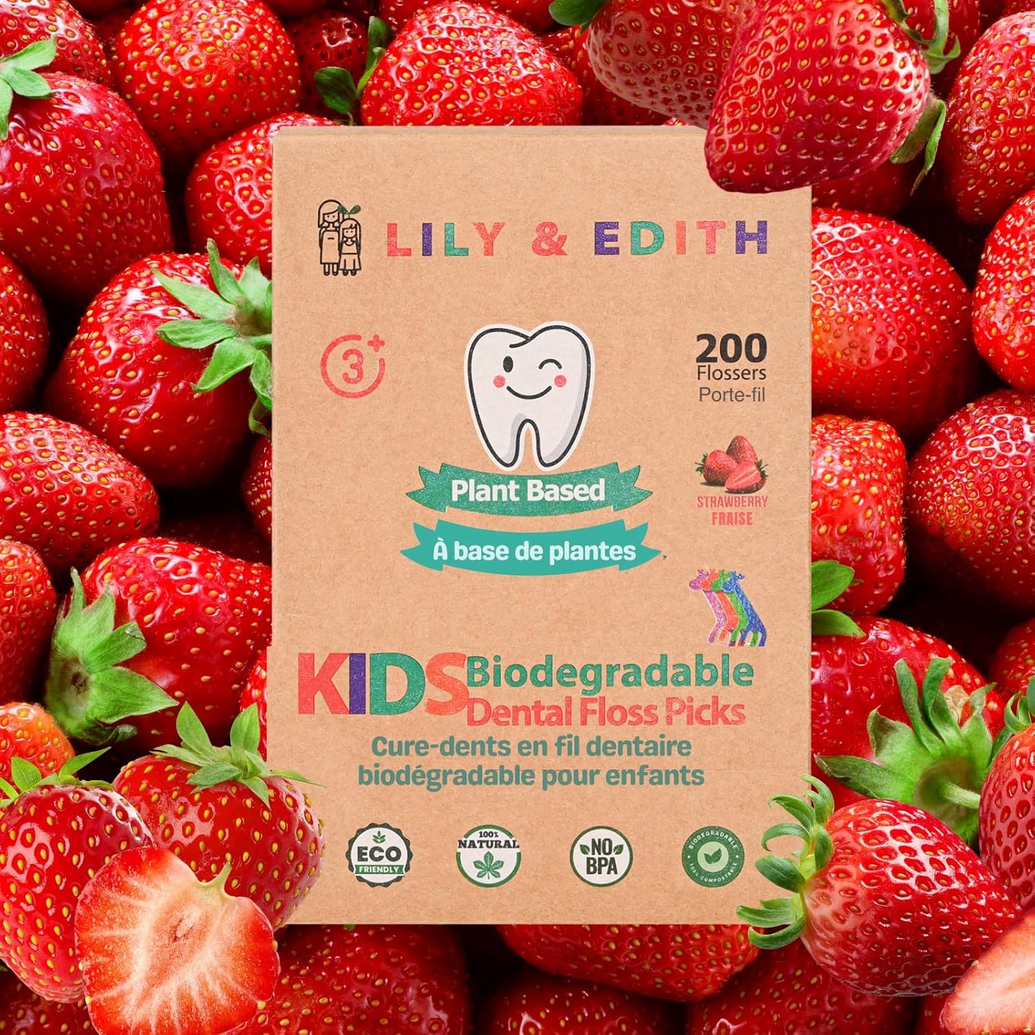LILY EDITH Kids Plant Based Dental Floss Picks 200 Counts Fluoride Free Corn Starch Material Chemical Free Fun