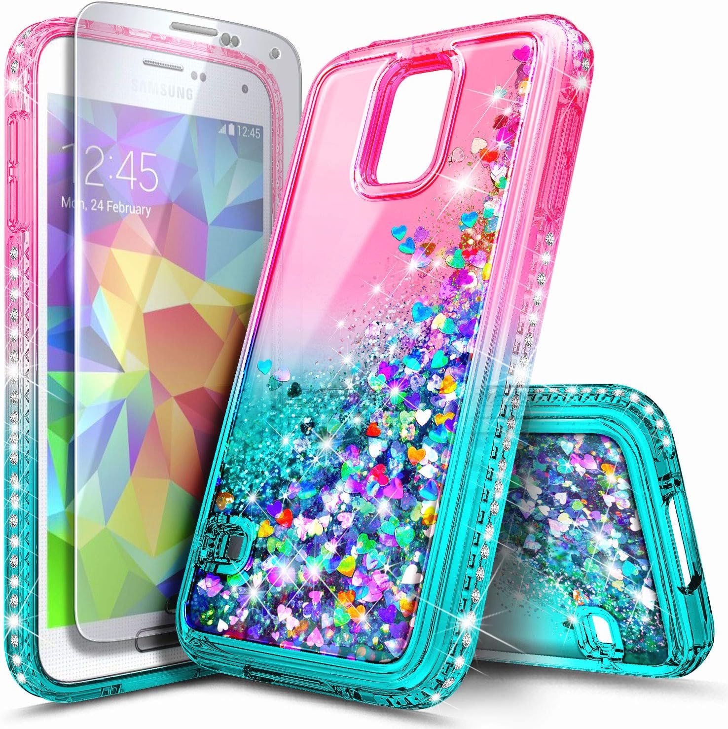 Galaxy S5 Case with Screen Protector for Girls Women Kids, NageBee Glitter Liquid Sparkle Bling Floating Waterfall Shockproof Durable Cute Case for Samsung Galaxy S5 -Pink/Aqua