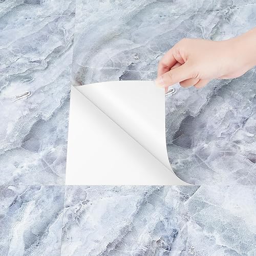 Miniatura 5 de Livelynine Azulejos de suelo de mármol azul de 24 x 12 pulgadas, 4 azulejos para pegar en el baño, azulejos de vinilo impermeable para despegar y