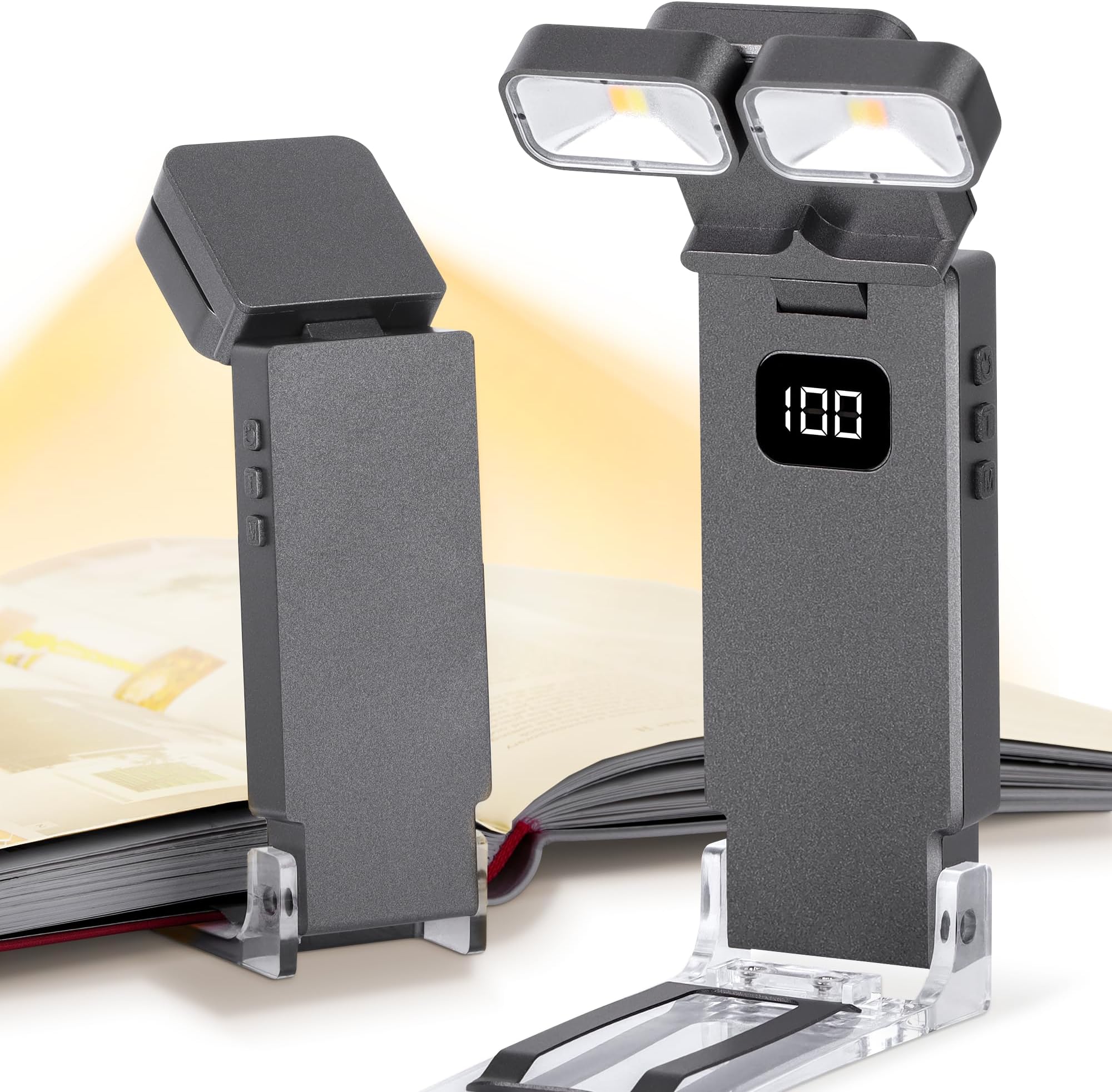 Dott Arts Book Light,Dual-Heads Reading Light for Bedtime with Screen Display.Rechargeable Ultralight Clip on LED Bookmark Lamp with 5 Color,6 Brightness Levels,1000mAh,Timer Function.Black