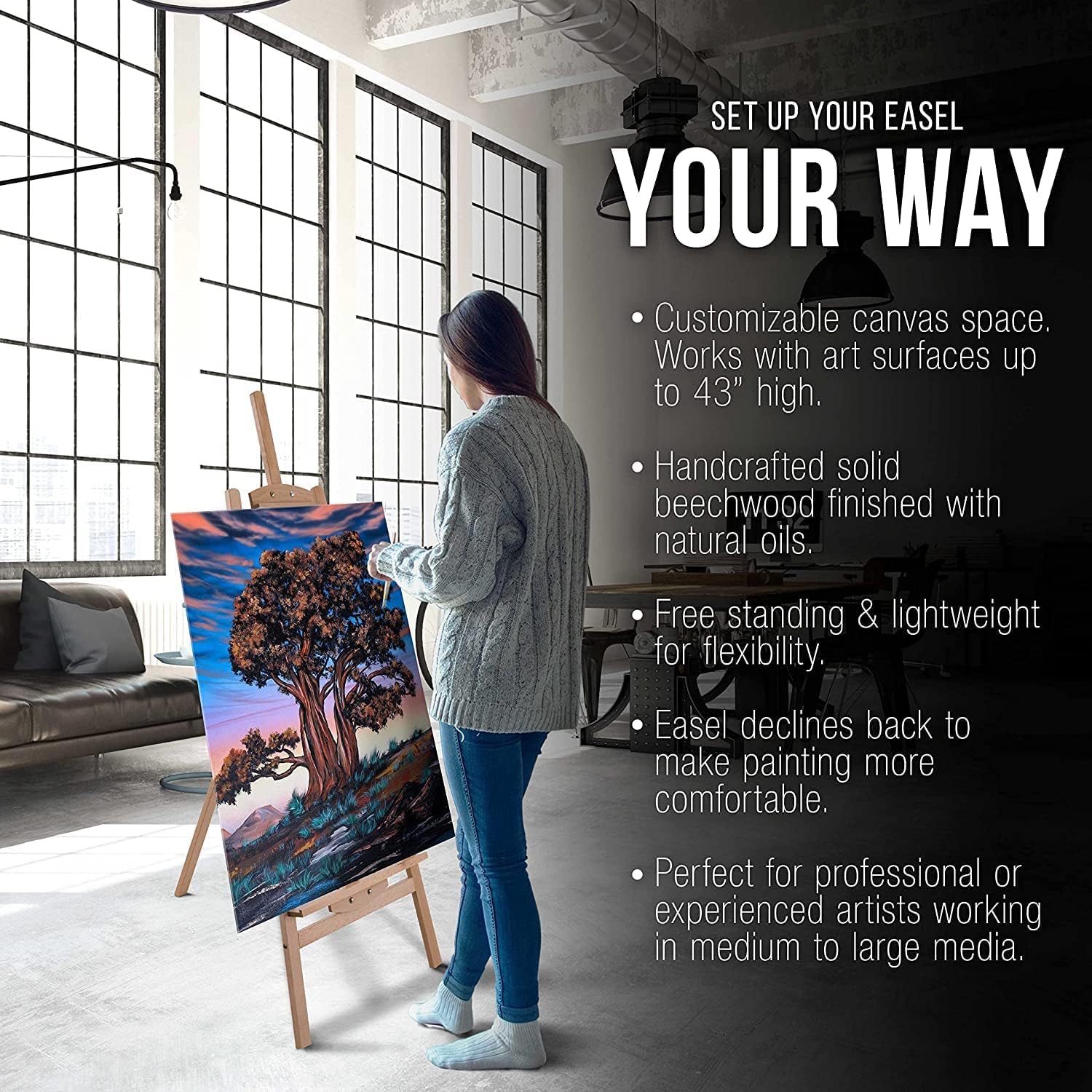 ArtRight Artists 5 Feet Adjustable Wooden Easel Painting Stand with Angle & Height Modification for Painting & Display - 5 Ft (56") Large Studio Easel Stand, Holds Canvas up to 43 Inches, Beechwood - Image 4 thumbnail