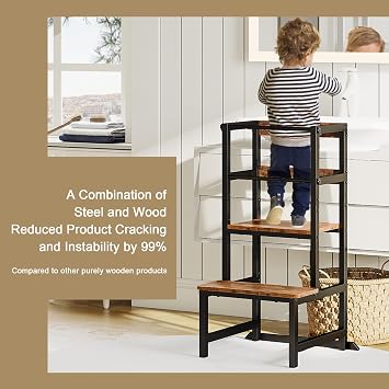 INNOD Kitchen Step Stool for Toddlers, Height Adjustable Toddler Tower with Safety Rail, Steel and Wood Toddler Kitchen Stool Helper Kids, Stool for Kids, Learning Tower, Kids' Desk Brown
