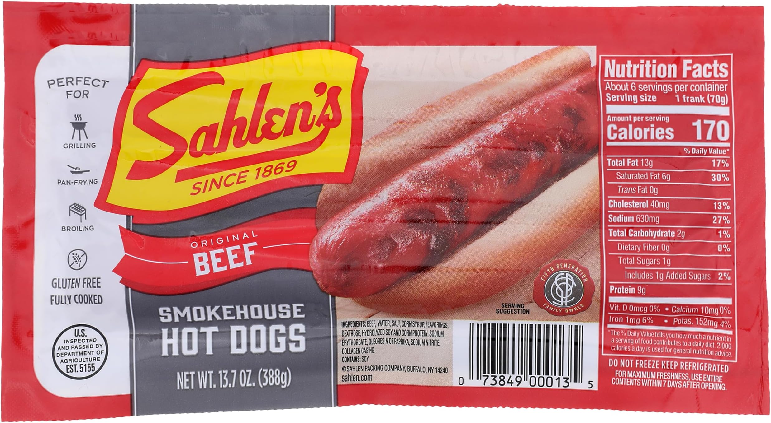 Sahlen's Original Smokehouse All Beef Hot Dogs with Tender Casing | Fully Cooked, Gluten Free | Perfect for Grilling, Pan-Frying and More | 5lb Pack